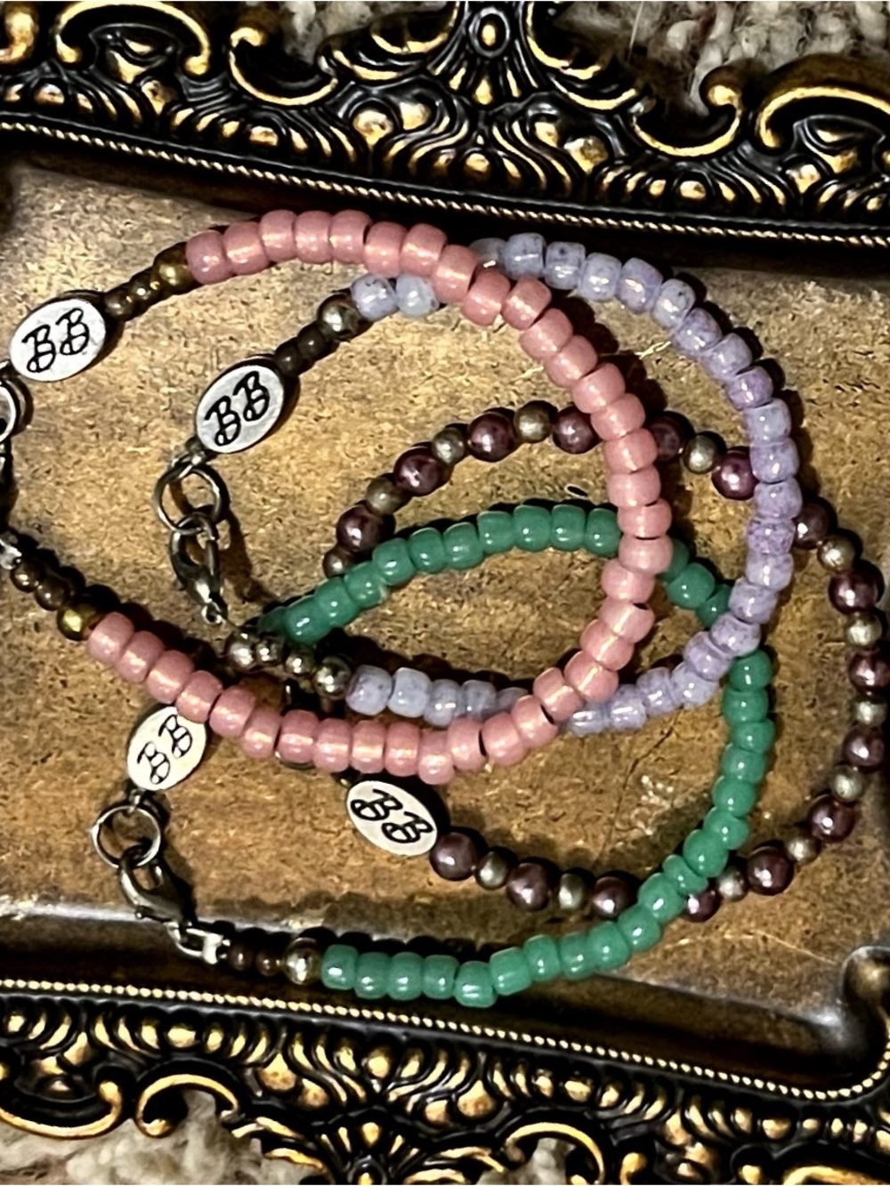 Source Unknown Pink, Lavender, Green and Brown Kids Beaded Bracelet Set